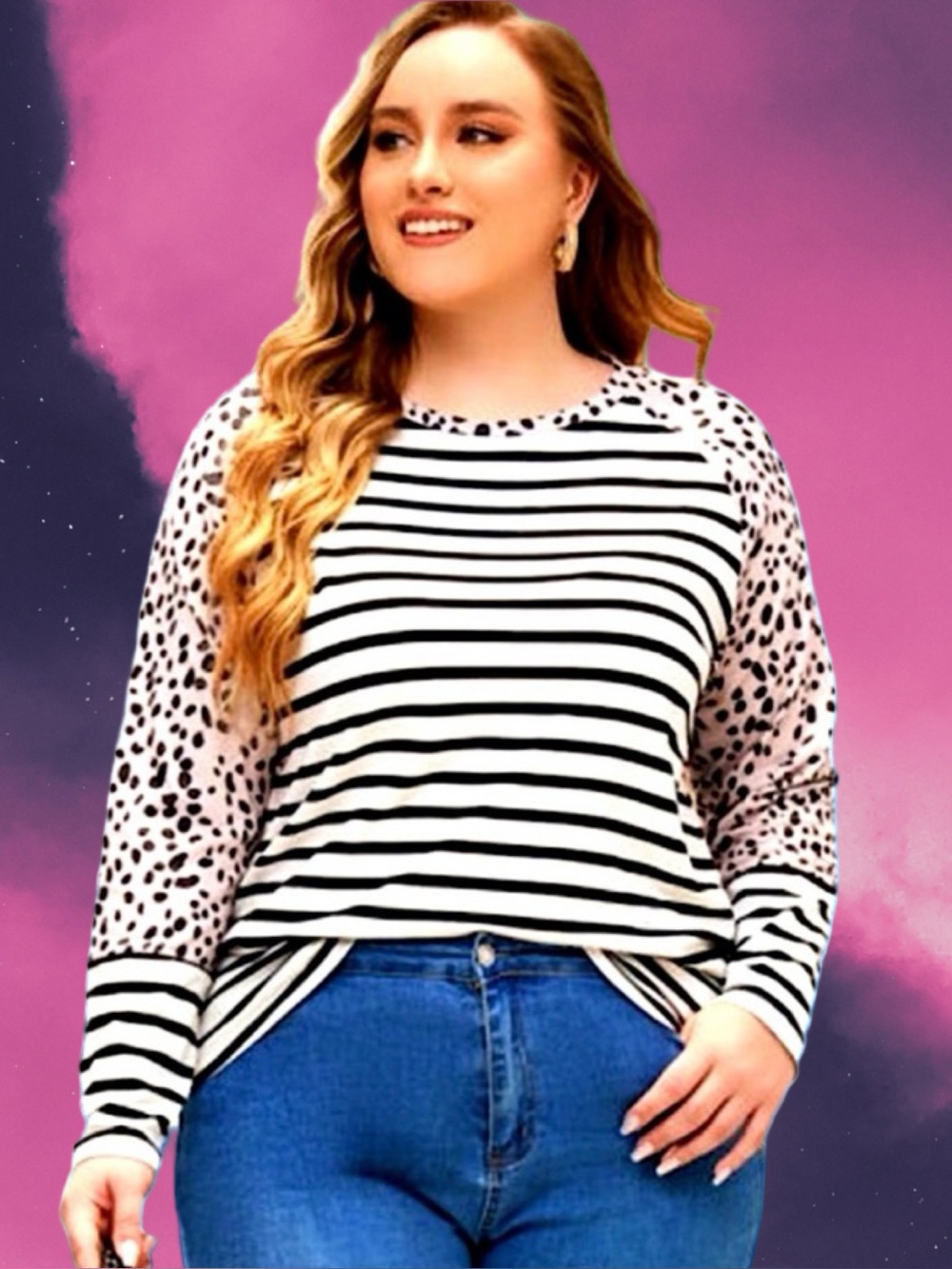 🆕Boutique Women’s plus-size White/black patterned colorblock long-sleeve Top❤️2X